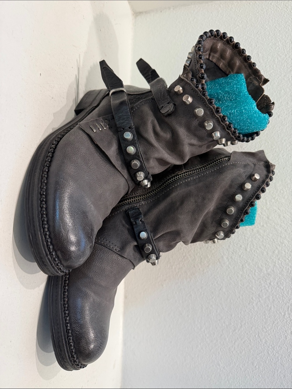 A.S.98 Black Studded Leather Moto Ankle Boots